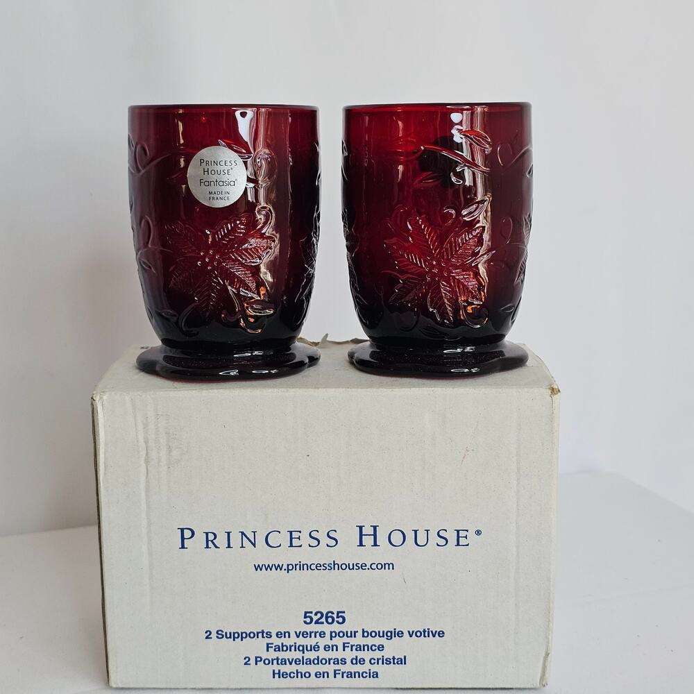 Vintage Princess House Fantasia Ruby Red Crystal Votive Set